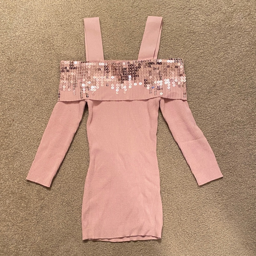 Bebe Pink Off-Shoulder Sequin Sweater